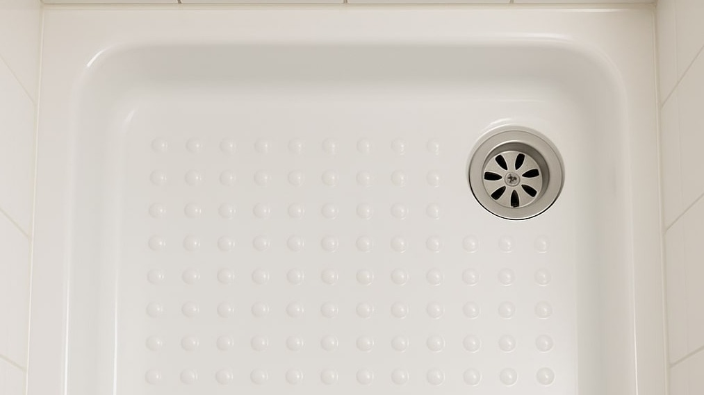 Professionally reglazed shower base with pristine white finish and anti-slip surface after restoration