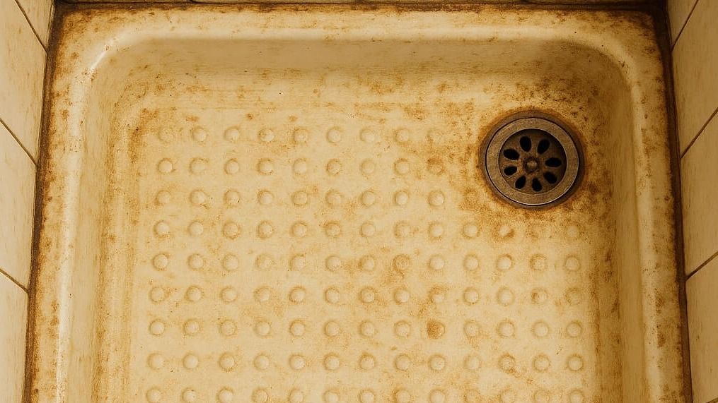 Heavily stained shower base with brown discoloration, rust stains, and severe deterioration before reglazing
