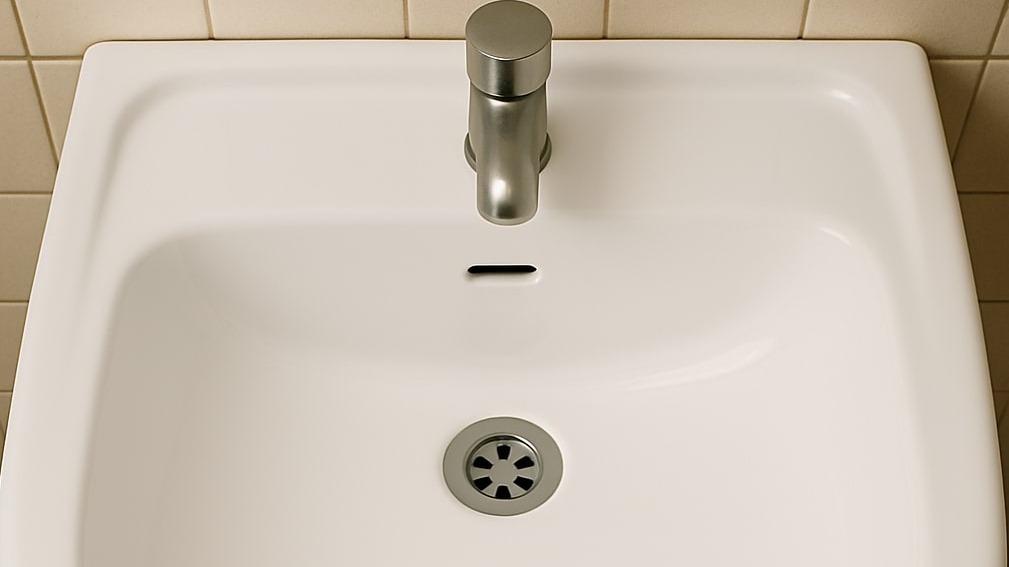 Beautifully restored white sink with modern brushed steel faucet after professional reglazing