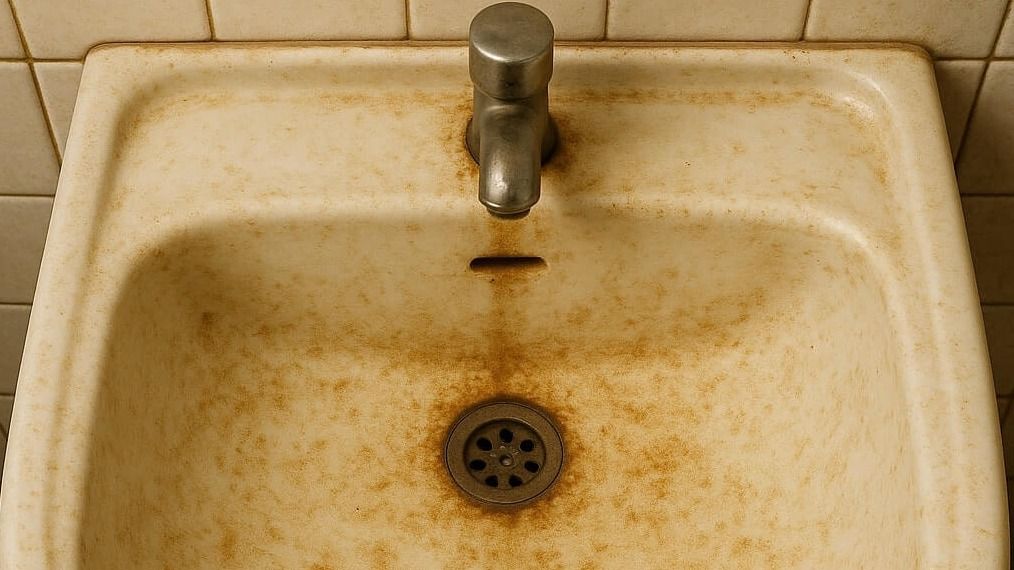 Damaged bathroom sink with heavy brown stains, grime buildup, and deteriorated surface before refinishing